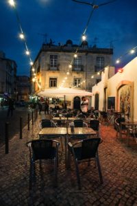 view of empty outdoor restaurant during night