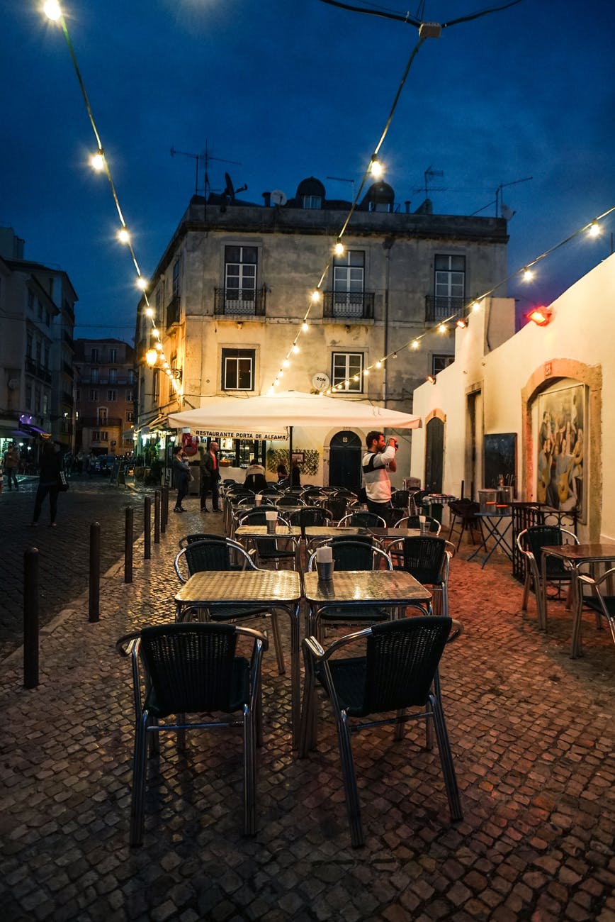 view of empty outdoor restaurant during night